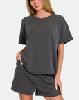 Zenana Rib Short Sleeve T-Shirt and Shorts Set