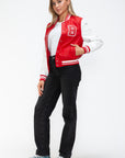 Love Me Now PU Leather Contrast Snap Down Bomber Jacket