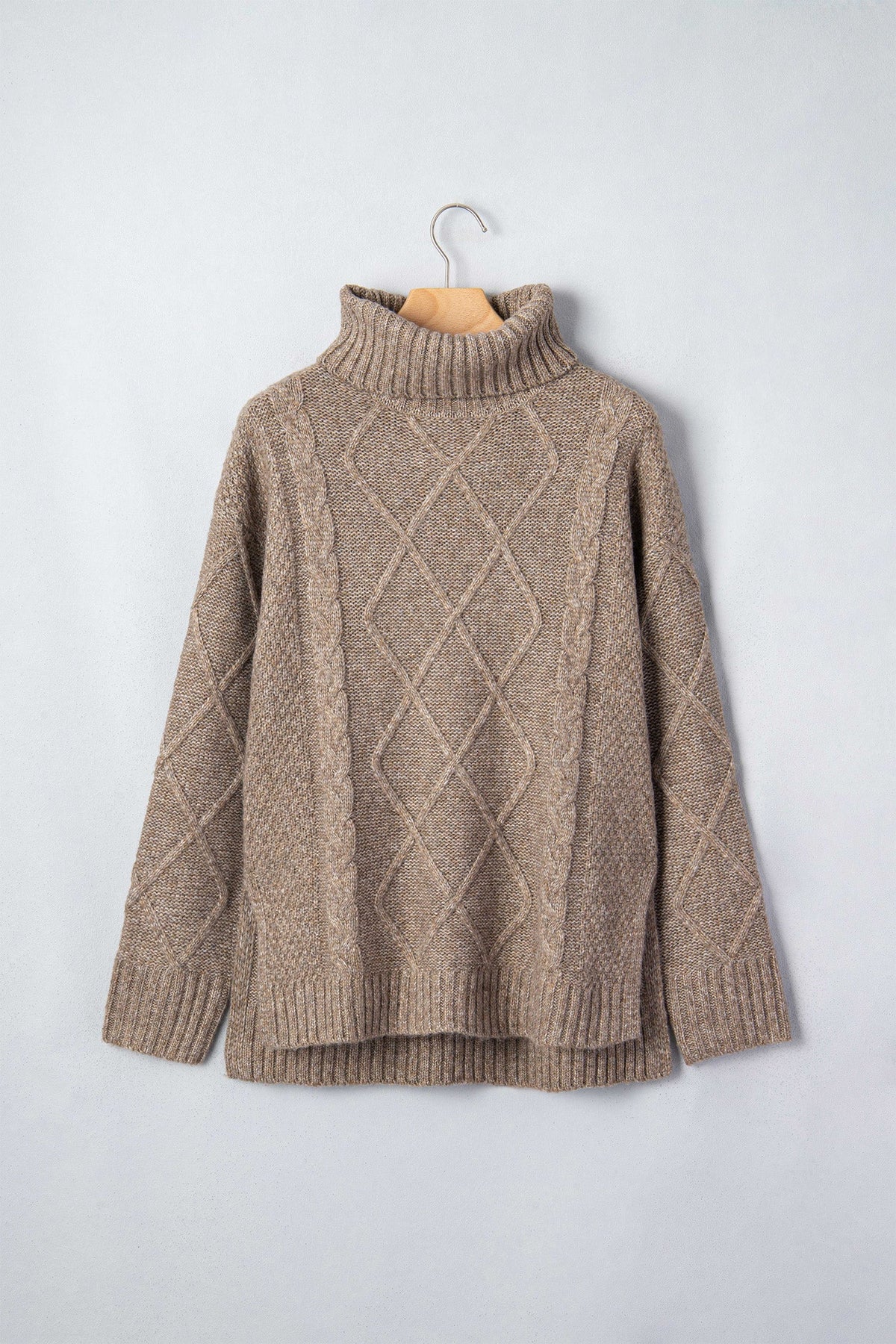 Dark Khaki Cable Knit Turtleneck Sweater