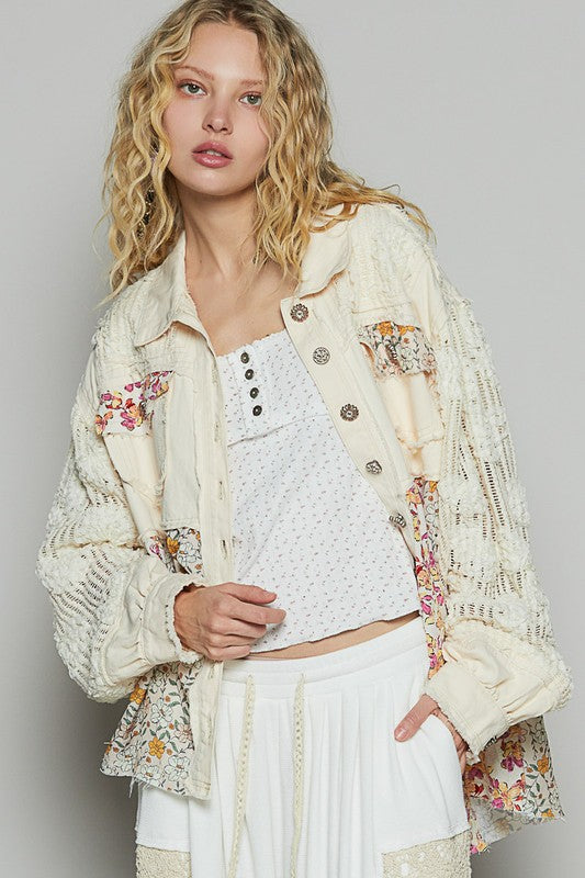 POL Floral Crochet Lace Frayed Edge Button Up Shacket