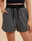 Annie Wear Checkered Round Neck Top and Drawstring Shorts Set