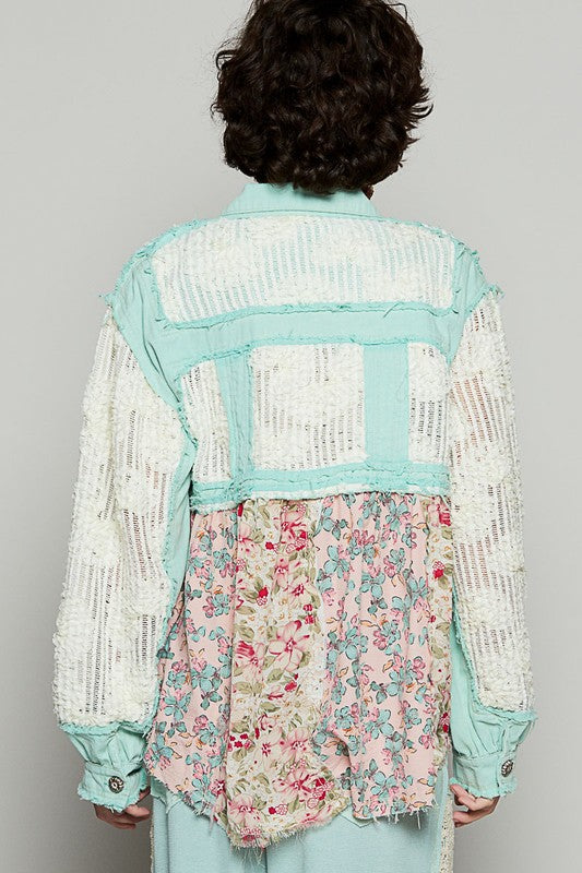 POL Floral Crochet Lace Frayed Edge Button Up Shacket