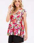 Mittoshop Floral V-Neck Ruffled Cap Sleeve Blouse