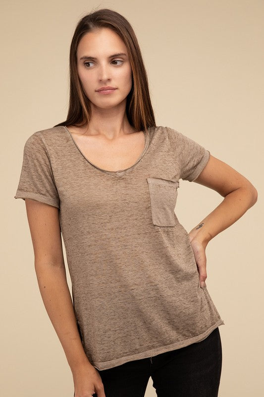 ZENANA Washed Melange Burnout Scoop V-Neck Top