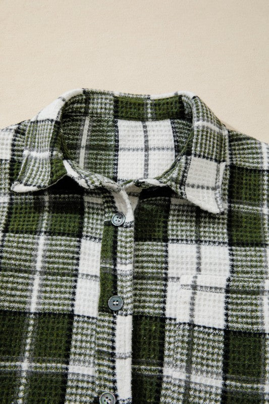 Plaid Textured Knit Button-Up Shacket