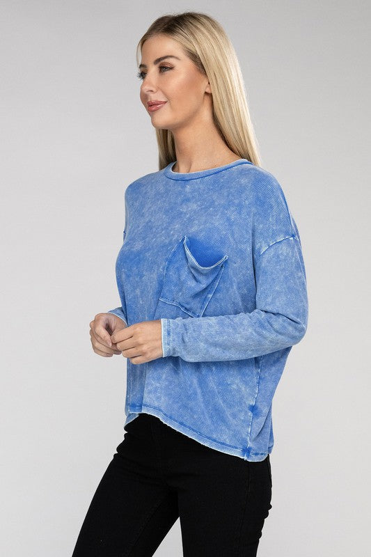 Zenana Washed Ribbed Dolman Sleeve Round Neck Top