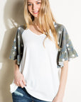 e Luna Solid Camo Mix Ruffled Sleeve Top