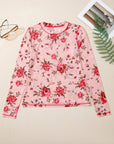Pink Floral Print Exposed Seam Detail Mesh Long Sleeve Top