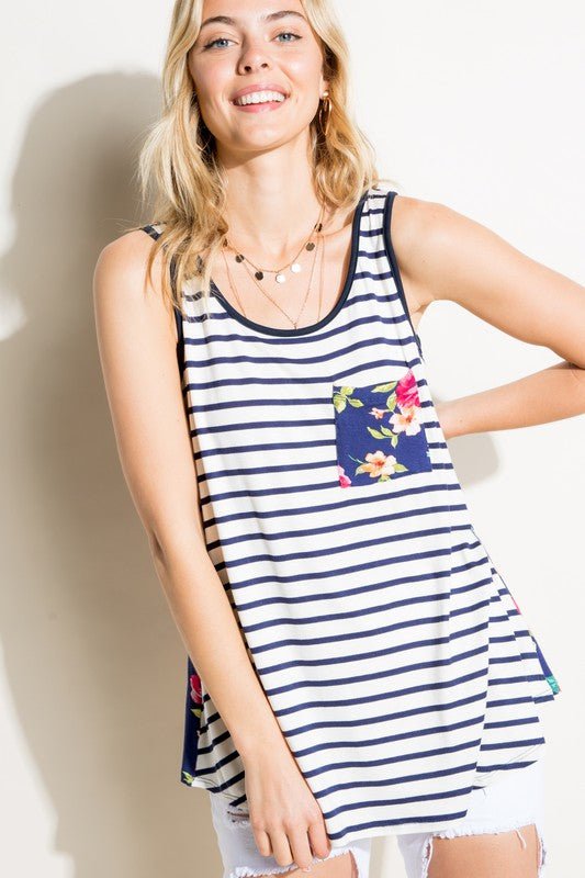 e Luna Striped Floral Mix Tank