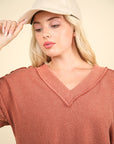 VERY J Two Tone Ribbed V-Neck Exposed Seam Top