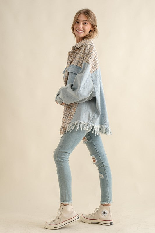 Tweed Mixed Denim Shacket with Fringed Hem