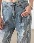 Litz La Washed Barrel Leg High Waist Distressed Jeans