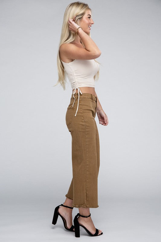 Zenana Acid Washed High Waist Frayed Hem Straight Pants