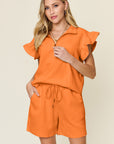 Double Take Full Size Texture Flounce Sleeve Top and Drawstring Shorts Set