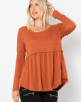 Be Stage Full Size Texture Babydoll Round Neck Long Sleeve Knit Top