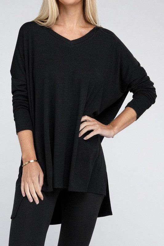 Zenana Dolman Long Sleeve V-Neck Side Slit Hi-Low Hem Top