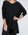 Zenana Dolman Long Sleeve V-Neck Side Slit Hi-Low Hem Top