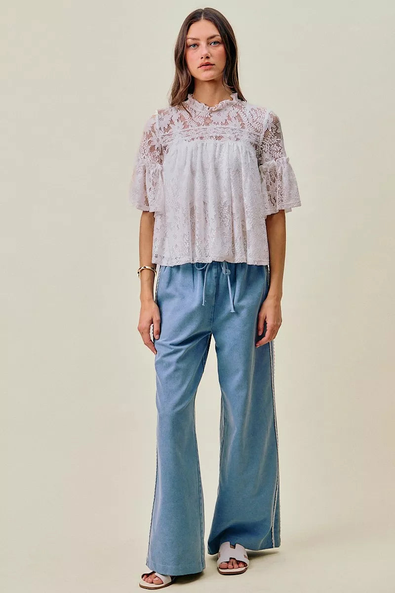 SO ME Lace Ruffled Short Sleeves Swing Top