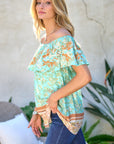 Davi & Dani Printed Off Shoulder Smocked Top