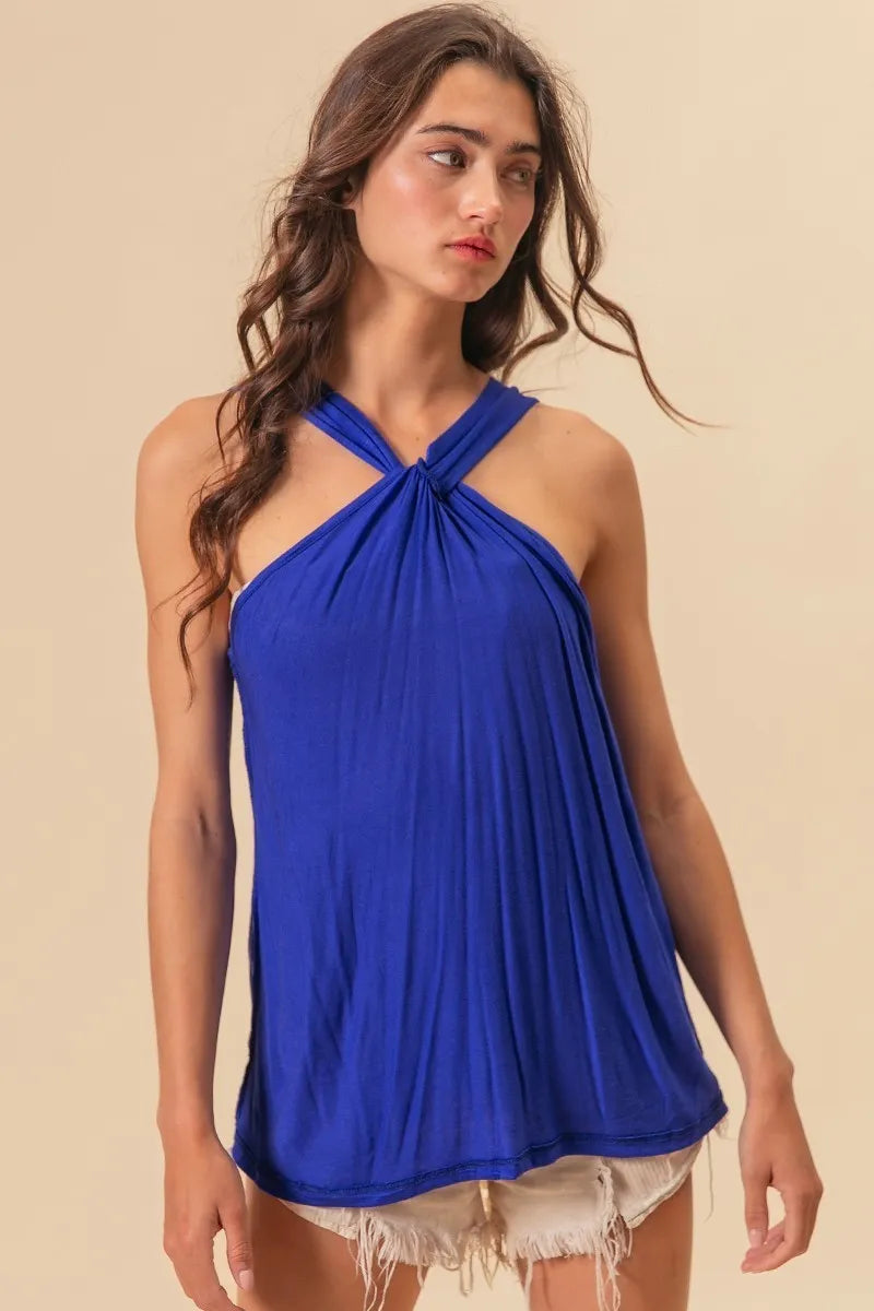 BiBi Rayon Span Jersey Knit Halter Neck Tank Top in Royal