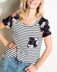 e Luna Striped Floral Mix Short Sleeve Top