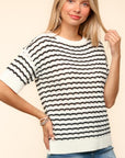 Haptics Openwork Striped Round Neck Half Sleeve Knit Top