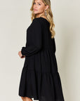 Double Take Full Size V-Neck Balloon Sleeve Tiered Dress with Pockets