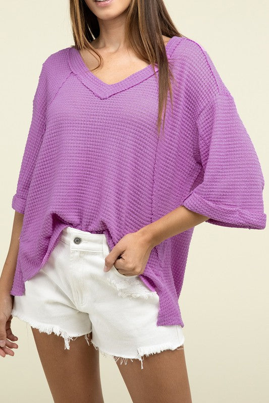 Zenana Brushed Waffle Exposed-Seam 3/4 Sleeve Top