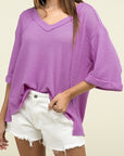 Zenana Brushed Waffle Exposed-Seam 3/4 Sleeve Top