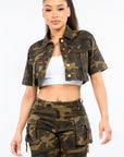 American Bazi Full Size Camouflage Short Sleeve Cropped Jacket