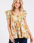 Mittoshop Floral V-Neck Ruffled Cap Sleeve Blouse