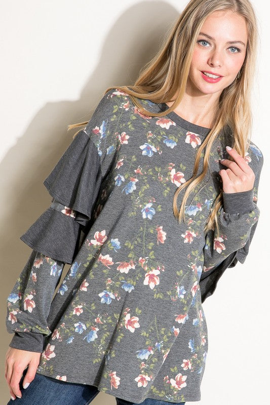 e Luna Floral Mixed Long Sleeve Ruffle Top