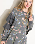 e Luna Floral Mixed Long Sleeve Ruffle Top