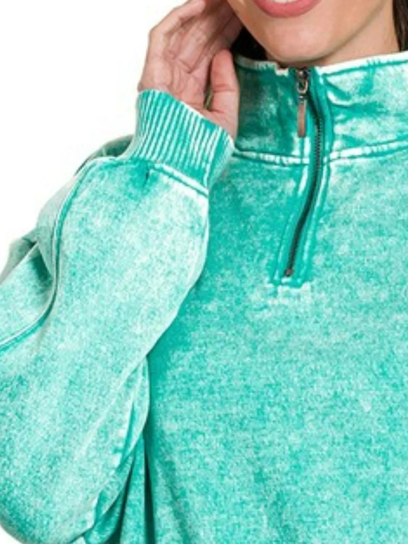 Zenana Acid Wash Fleece Quarter Zip Sweatshirt in Turquoise