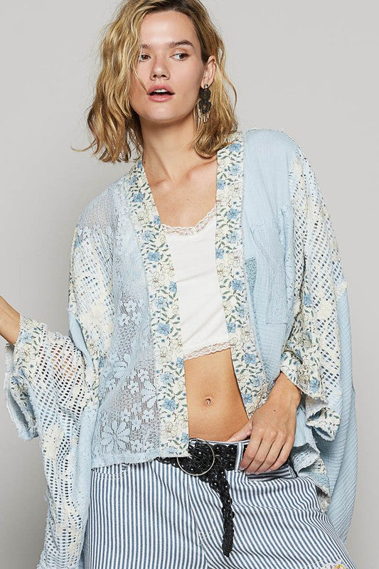 POL Floral Lace Crochet Patch Open Front Double Gauze Cardigan