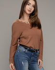 Lace Trim V Neck Long Sleeve Top