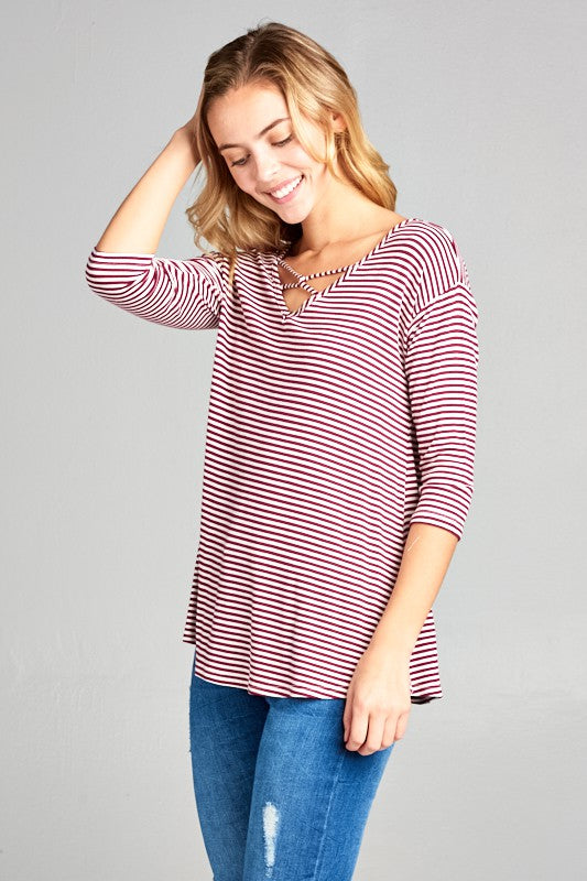 e Luna Striped Jersey Lace Up Neck Casual Top