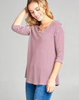 e Luna Striped Jersey Lace Up Neck Casual Top