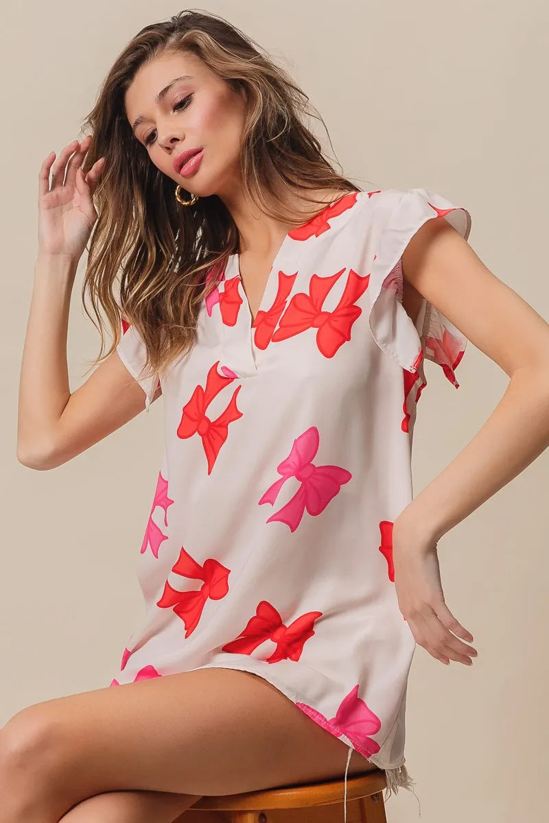 BiBi Bow Printed Woven Ruffled Sleeves V Neck Top