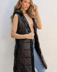 Solid Quilted Long Hooded Vest Coat
