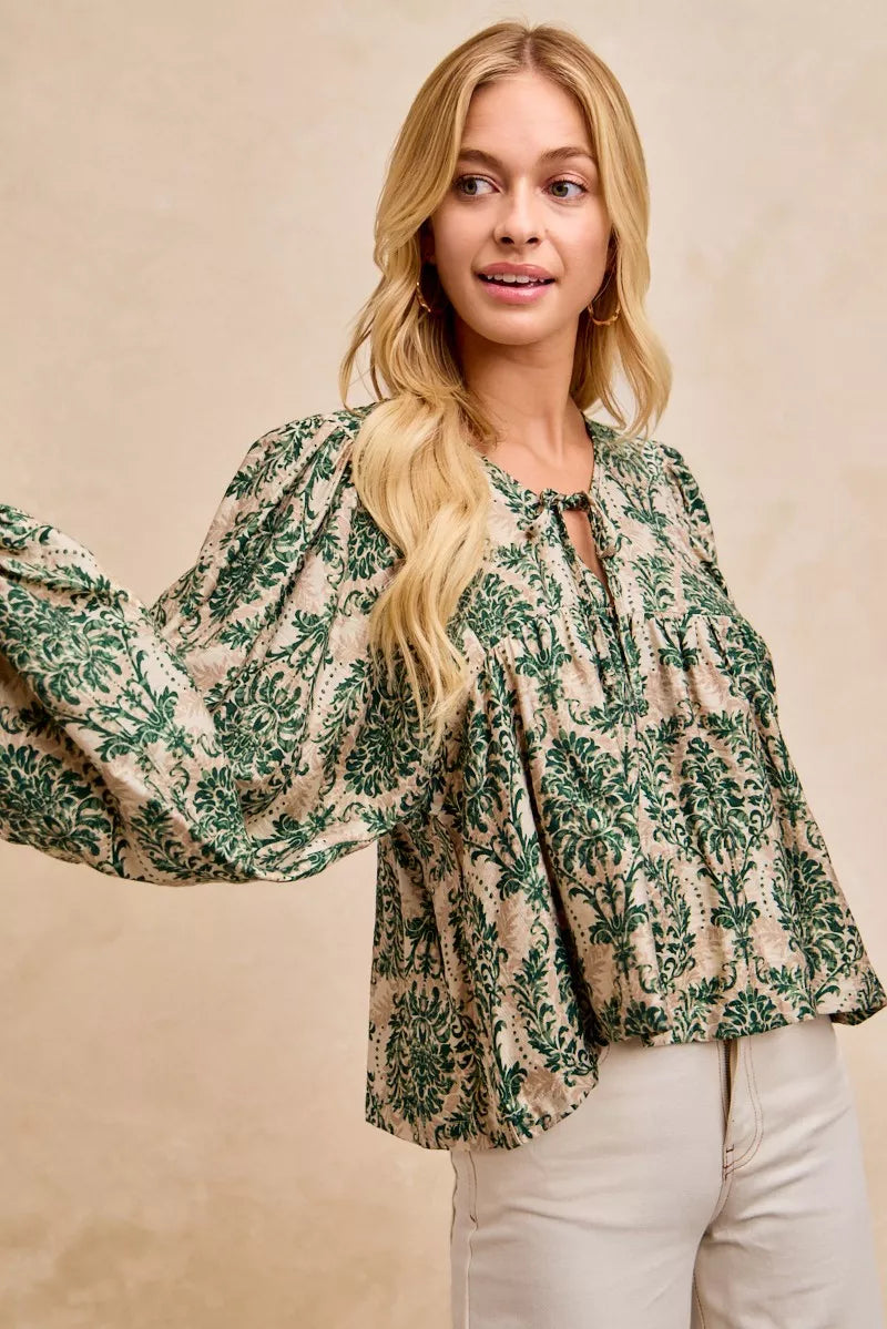BiBi Printed Woven Front Tied Blouse with Baloon Sleeve