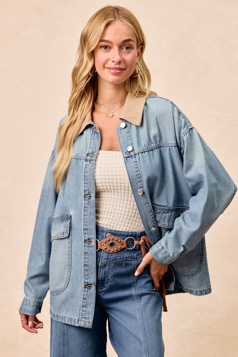 BiBi Washed Denim Contrast Collar Jacket