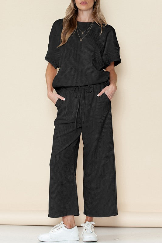 Women Textured T Shirt and Drawstring Pants Set