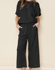 Women Textured T Shirt and Drawstring Pants Set