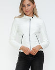 Snobbish Faux Leather Zip Up Drawstring Hooded Jacket