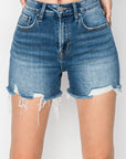 RISEN High Rise Raw Hem Distressed Denim Shorts