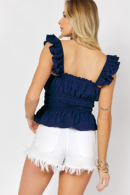 Davi &amp; Dani Solid Square Neck Ruffle Top - Online Only