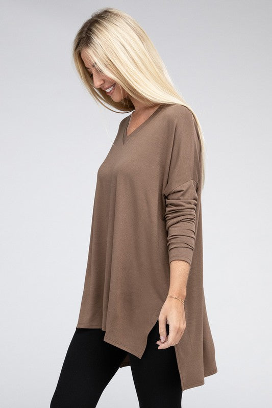 Zenana Dolman Long Sleeve V-Neck Side Slit Hi-Low Hem Top