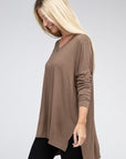 Zenana Dolman Long Sleeve V-Neck Side Slit Hi-Low Hem Top