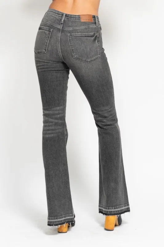 Judy Blue Full Size Midi Rise Tummy Control Washed Gray Release Hem Flare Jeans Plus Size